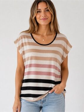Lavish Striped Scoop Neck Women’s Top Beige, Pink Black tee shirt Large casual